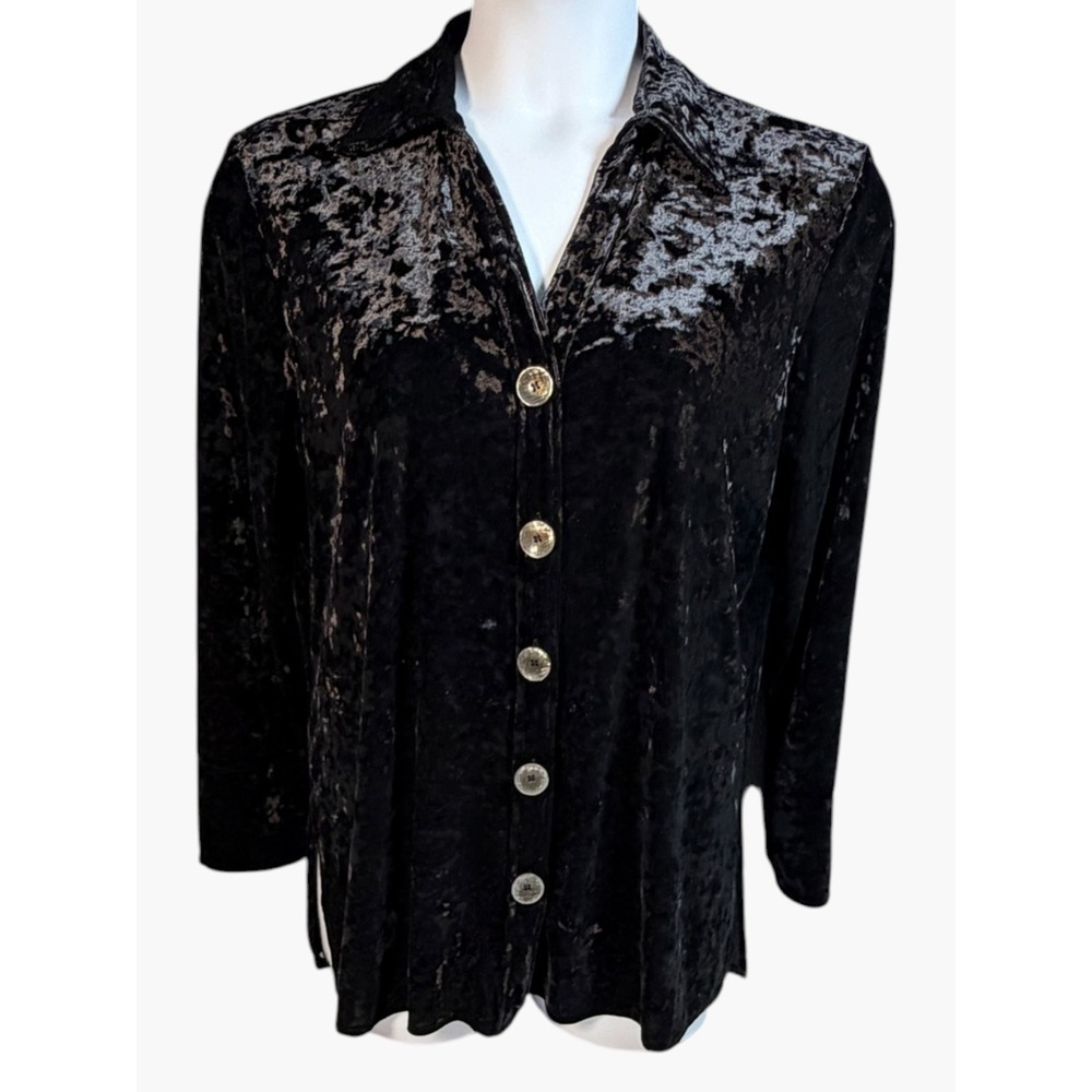 Harve Benard Black Crushed Velvet Button Top XL Long Sleeve Holiday shacket Goth